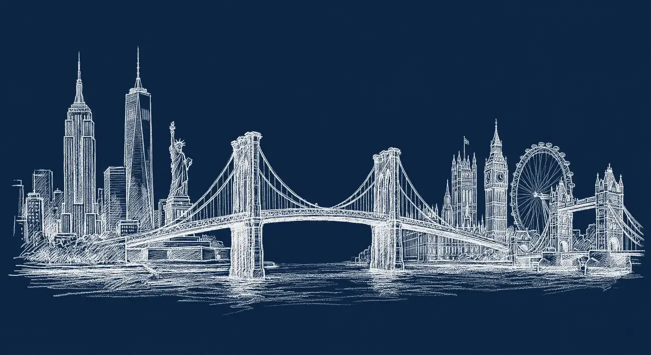 Hand-sketched skyline connecting New York and London across a suspension bridge